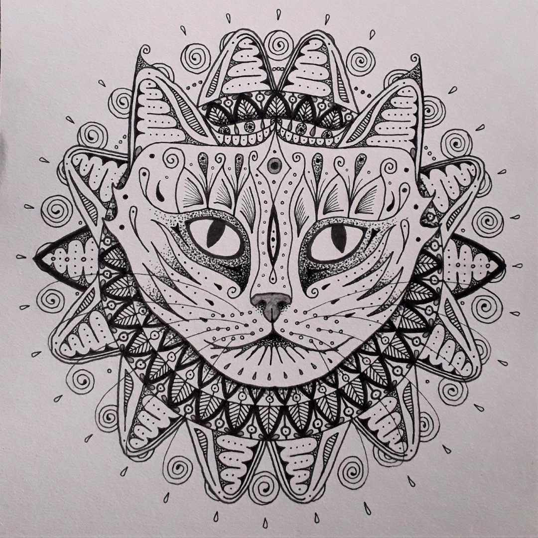 Cat emerging pen and ink drawing