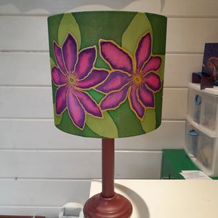 Silk painted lampshade with clematis design