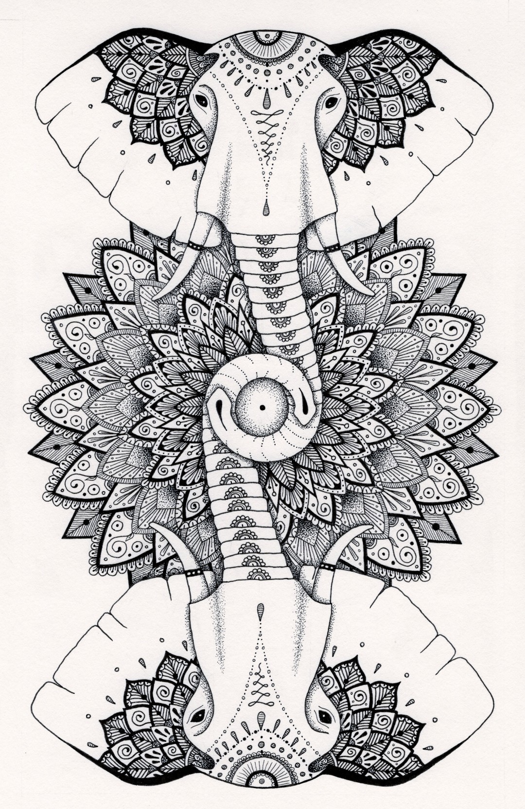 Mandala elephants pen and ink drawing